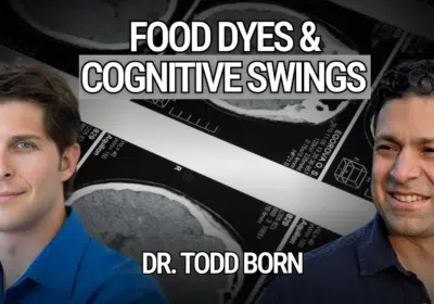 Dr. Todd Born and Dr. Ravi Kumar discuss how food dyes affect ADHD and cognitive symptoms, with brain scan imagery in the background.
