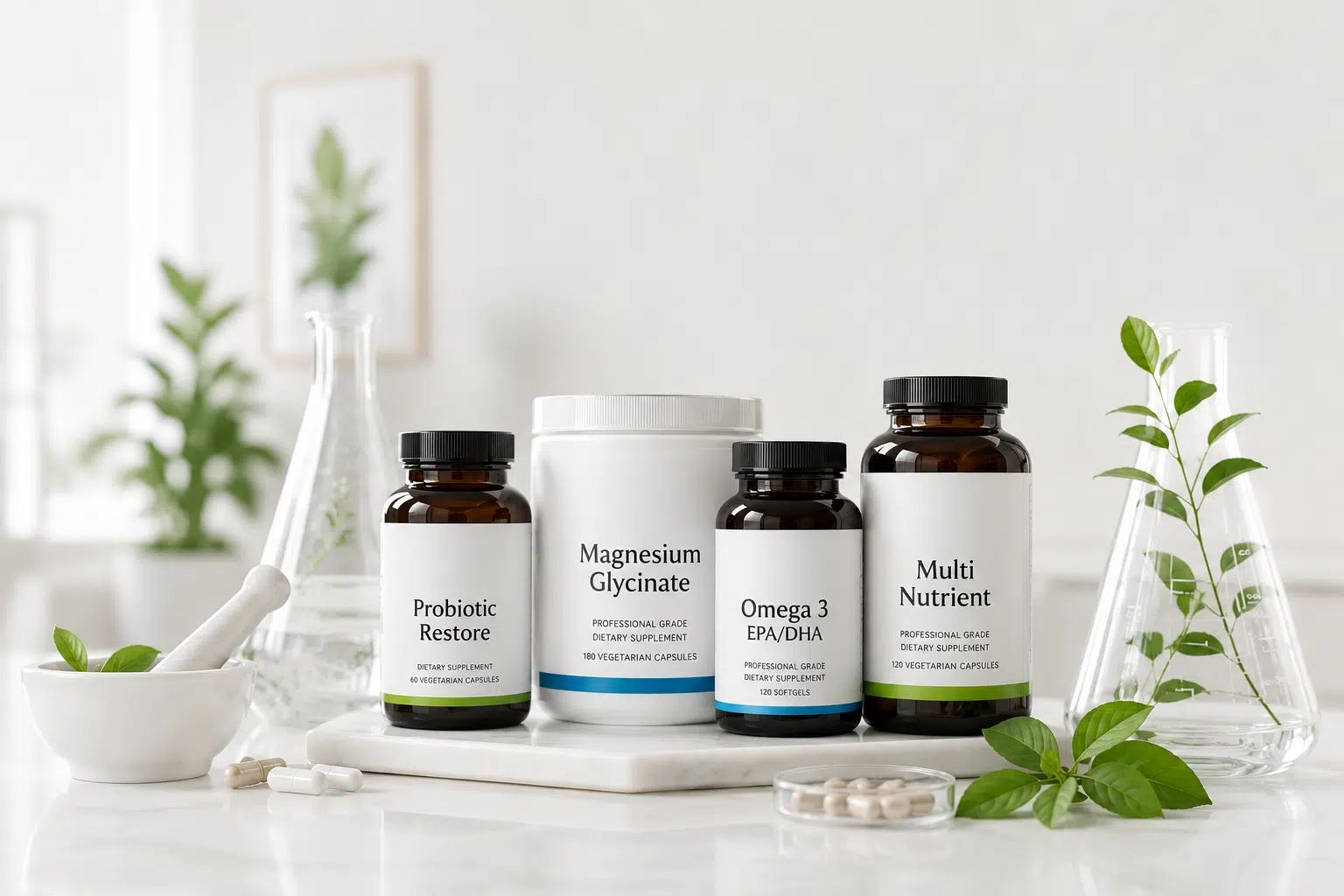 Medicinary practitioner-grade dietary supplements displayed in a premium clinical setting.